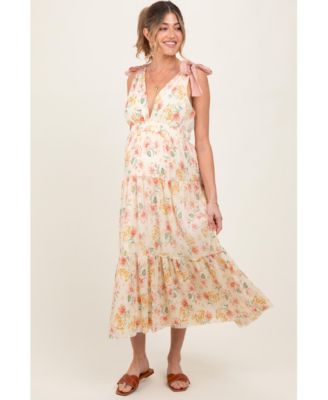 Pinkblush Women's Cream Floral Shoulder Tie Deep V-Neck Tiered Maxi Dress