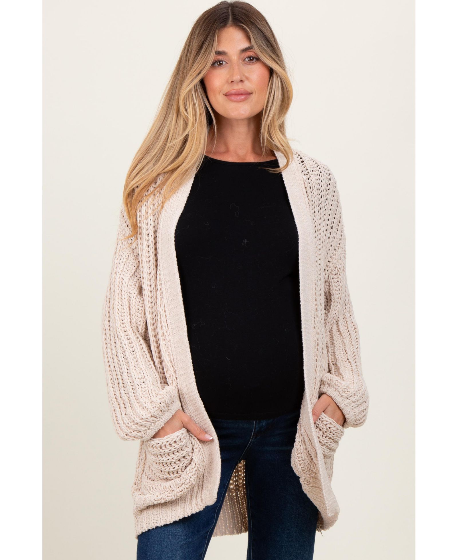 Pinkblush Women's Beige Chunky Knit Oversized Pocket Cardigan