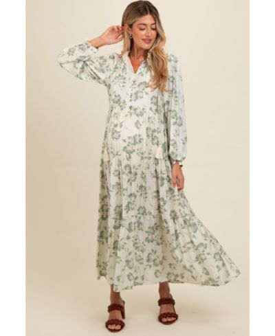 Pinkblush Women's Black Floral Button Front Tiered Long Sleeve Maxi Dress