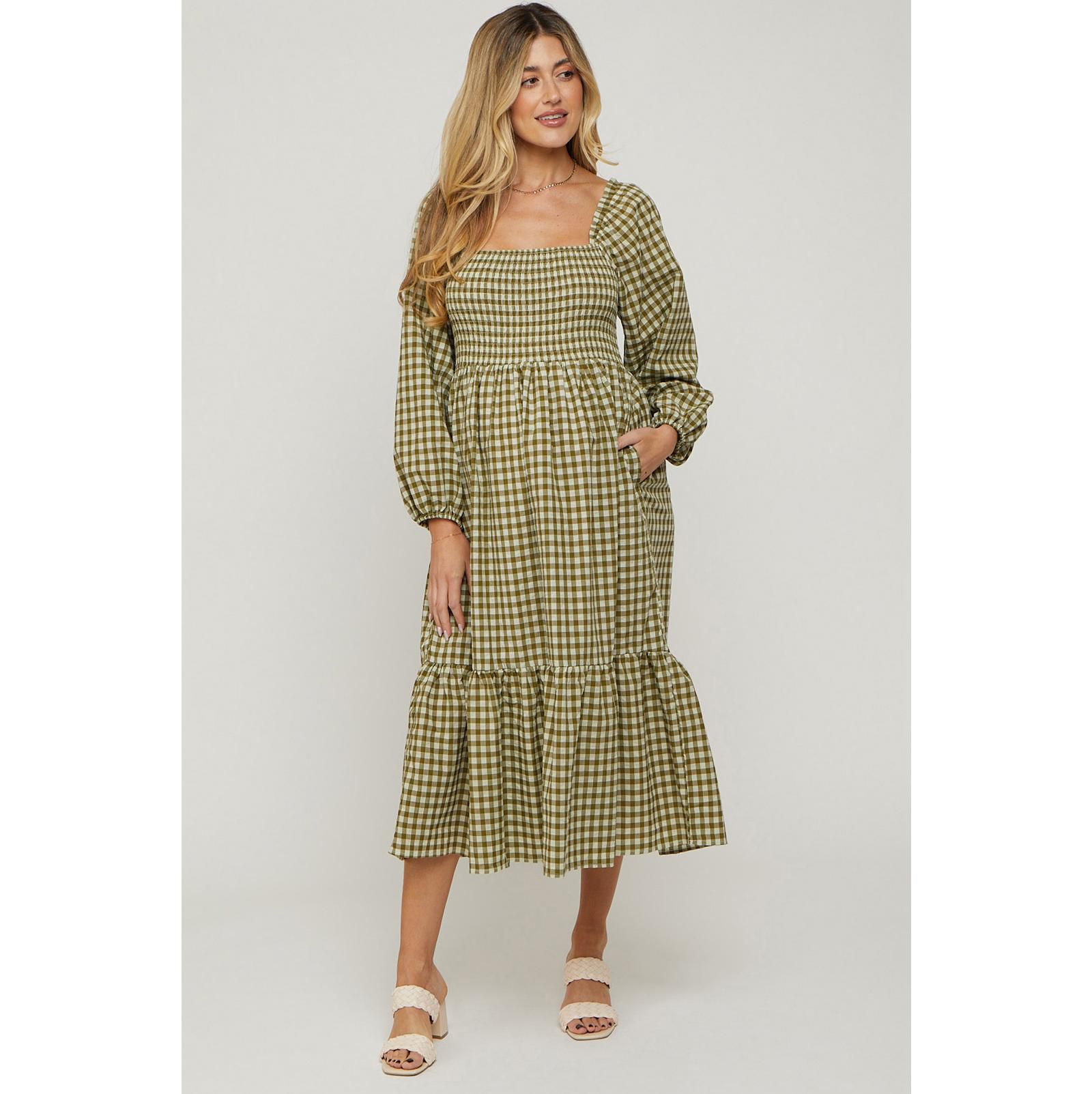 Pinkblush Женское миди-платье в клетку Gingham оливкового цвета