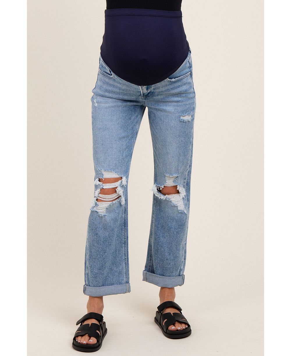 Pinkblush Women's Light Blue Ripped Knee Rolled Cuff Straight Leg Jeans