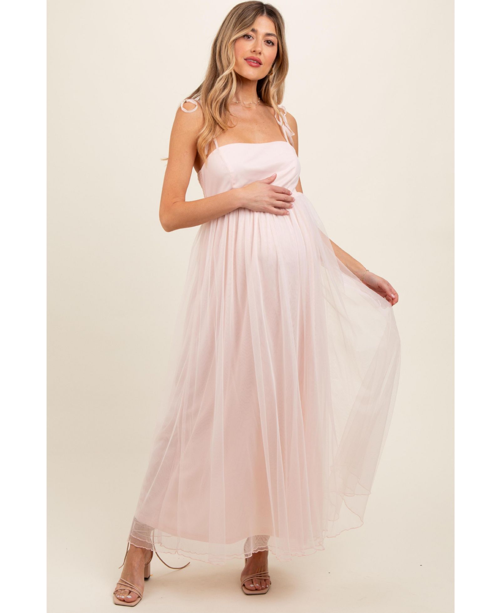 Pinkblush Женский Light Pink Square Neck Shoulder Tie Tulle Maxi Dress