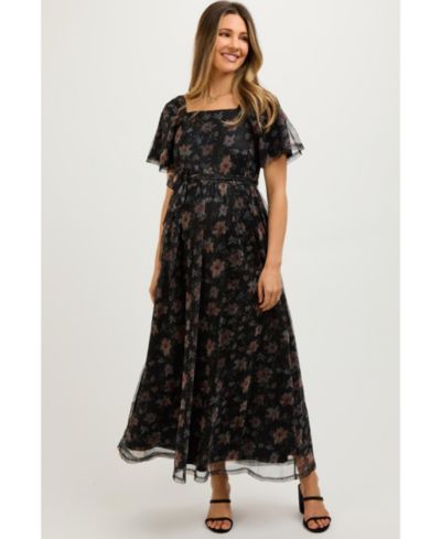 Pinkblush Women's Black Floral Waist Tie Midi Dress