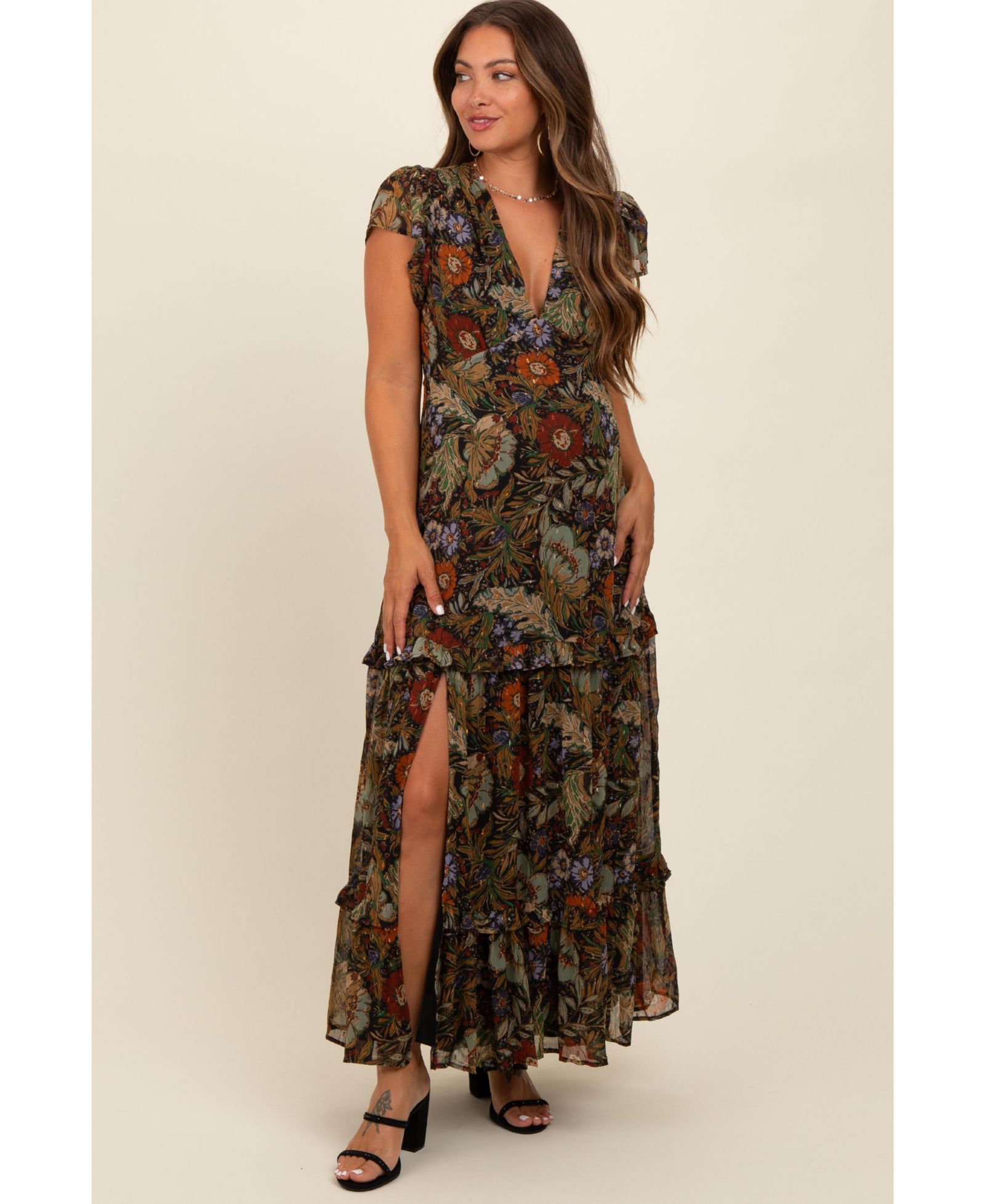 Женское платье Pinkblush Black Floral Deep V-Neck Tiered Maxi