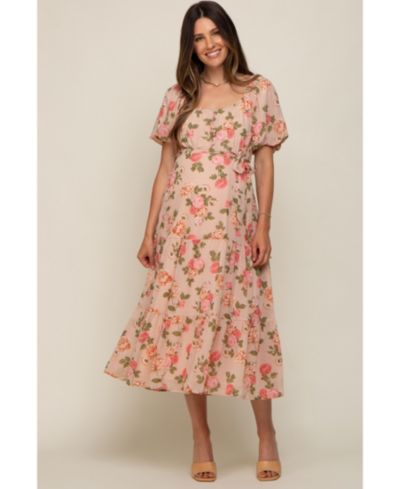 Pinkblush Women's Pink Floral Button Puff Sleeve Midi Dress