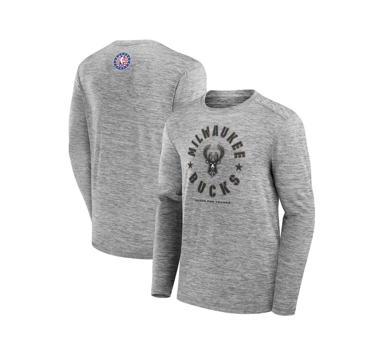 Мужская футболка Fanatics Heather Gray Milwaukee Bucks NBA Hoops for Troops с длинным рукавом