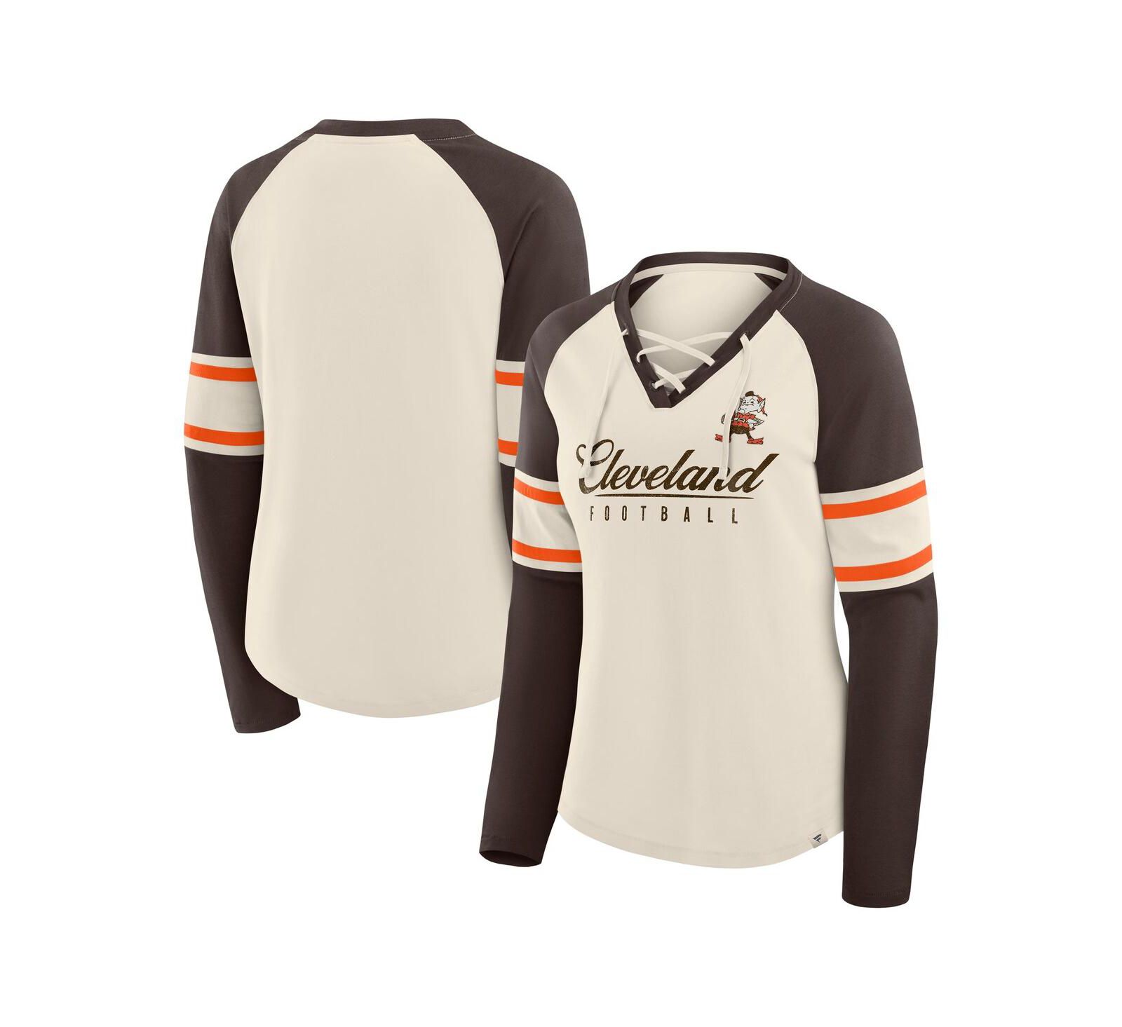 Женская футболка Fanatics Cream/Brown Cleveland Browns Hometown Gridiron Hero Raglan Lace-Up V-Neck Long Sleeve T-Shirt