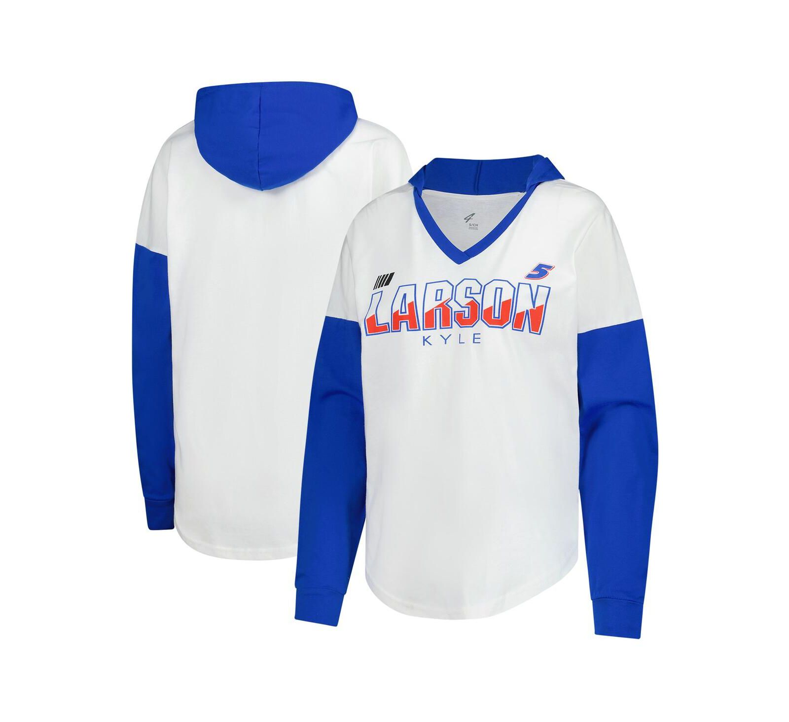 G-III 4Her by Carl Banks Women's White/Royal Kyle Larson Bench Player Oversized Long Sleeve Hoodie V-Neck T-Shirt