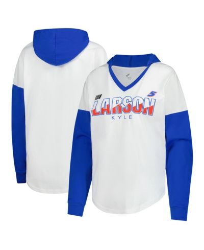 G-III 4Her by Carl Banks Women's White/Royal Kyle Larson Bench Player Oversized Long Sleeve Hoodie V-Neck T-Shirt
