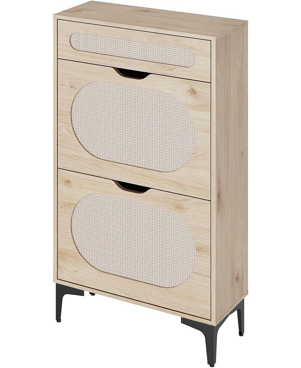 Rattan Shoe Cabinet with 2 Flip Drawers and 1 Pull-Out Drawer, 3-Position Adjustable Shelf, Narrow Shoe Cabinet for Entryway/Porch, Oak