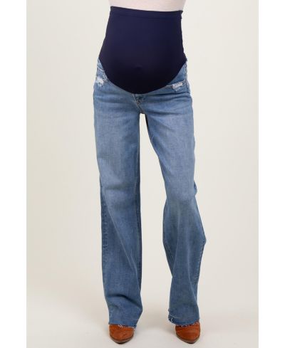 Pinkblush Women's Blue Vintage Wash Raw Hem Wide Leg Jeans