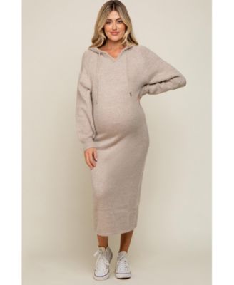 Pinkblush Maternity Beige Hooded Sweater Midi Dress