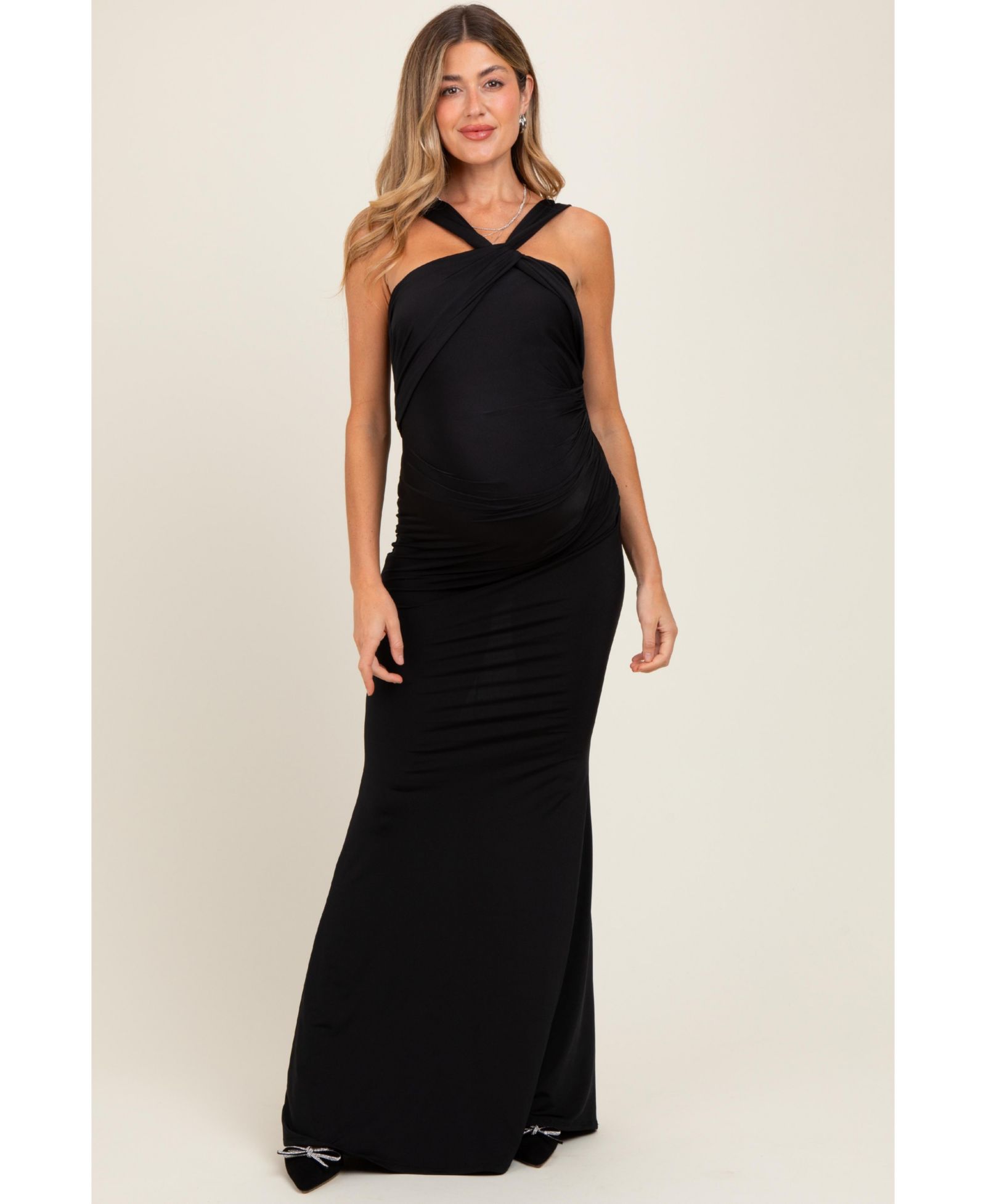 Pinkblush Women's Black Twist Front Ruched Maxi Dress