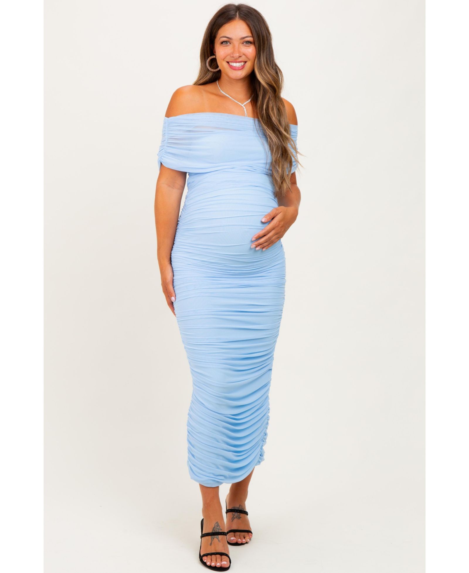 Pinkblush Women's Light Pink Ruched Mesh Foldover Off Shoulder Maxi Dress