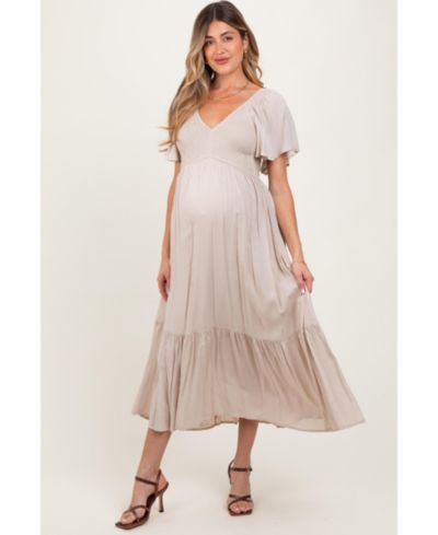Pinkblush Women's Cream Smocked Flutter Sleeve Midi Dress
