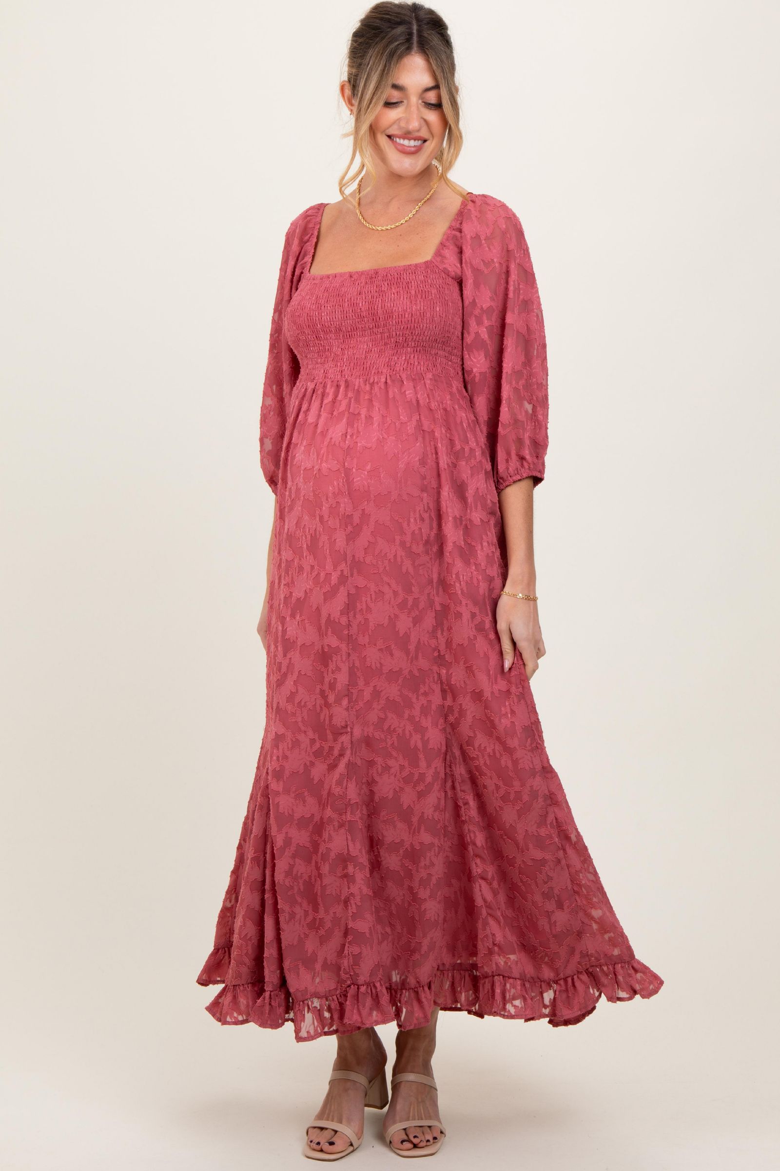 Pinkblush Women's Mauve Textured Overlay Smocked Ruffled Hem Maxi Dress