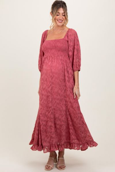 Pinkblush Women's Mauve Textured Overlay Smocked Ruffled Hem Maxi Dress