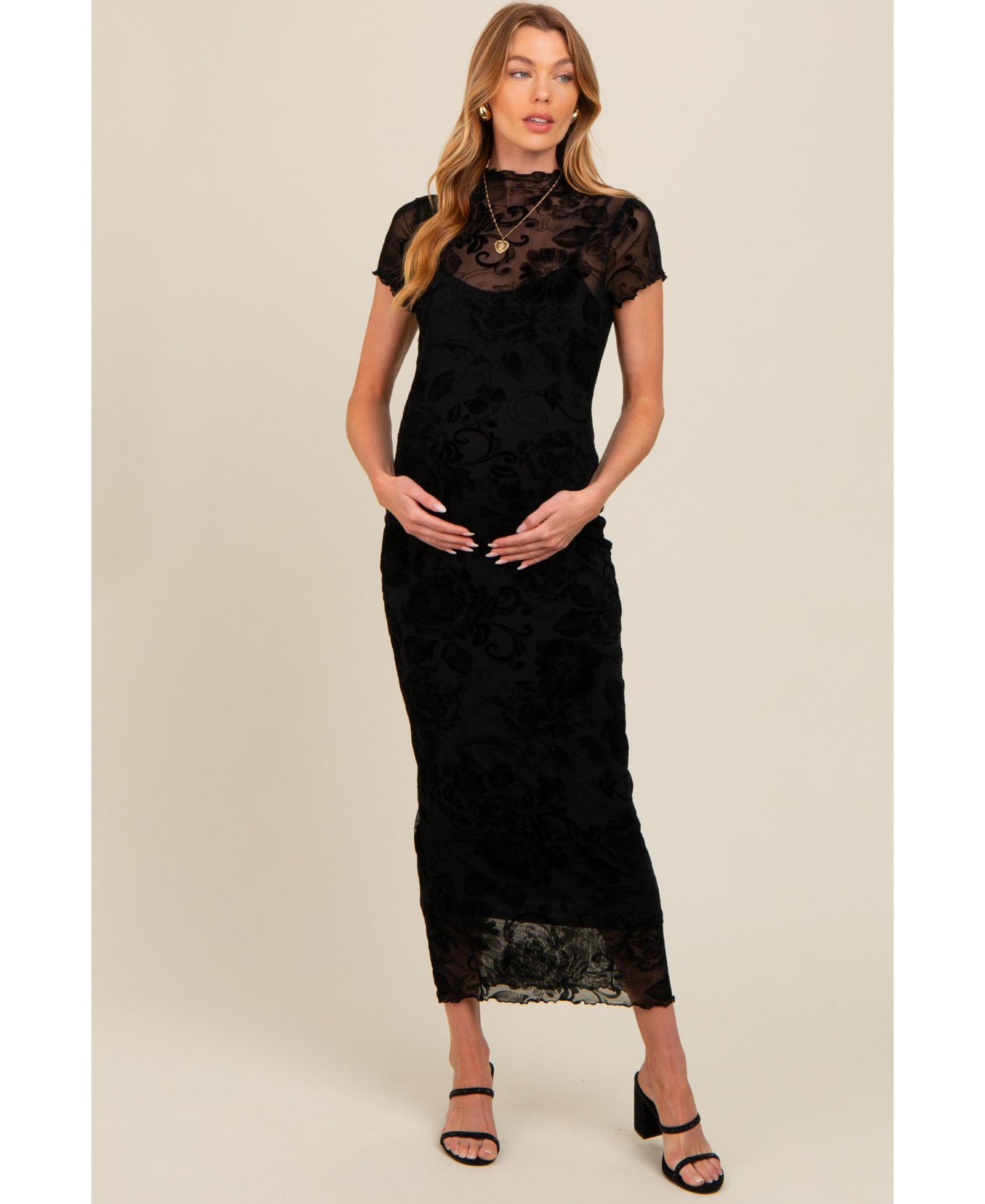 Pinkblush Women's Black Floral Mesh Overlay Fitted Maxi Dress