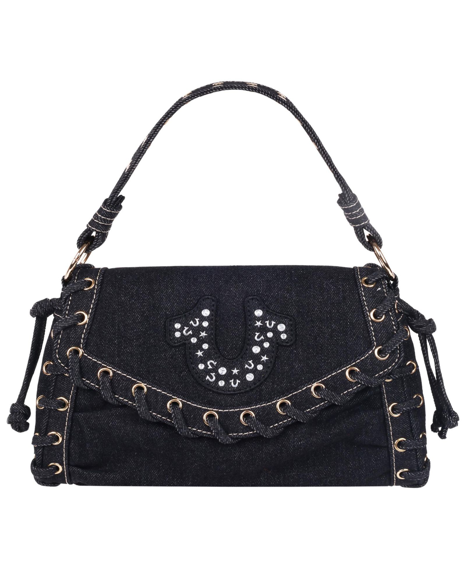 True Religion Studded Horseshoe Eyelet Denim Flap Bag