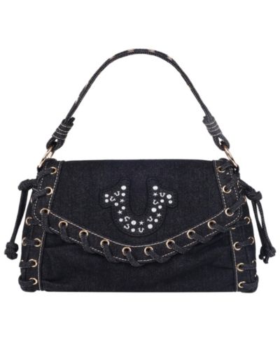 True Religion Studded Horseshoe Eyelet Denim Flap Bag