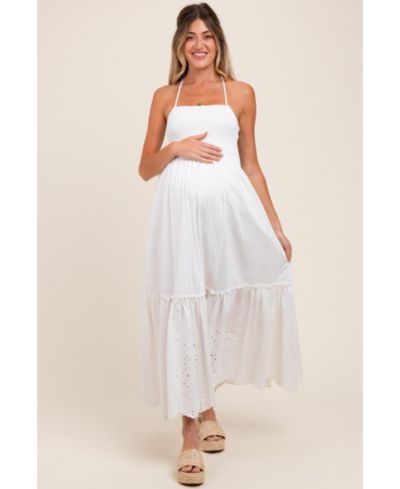 Pinkblush Women's White Smocked Open Back Lace Hem Maxi Dress