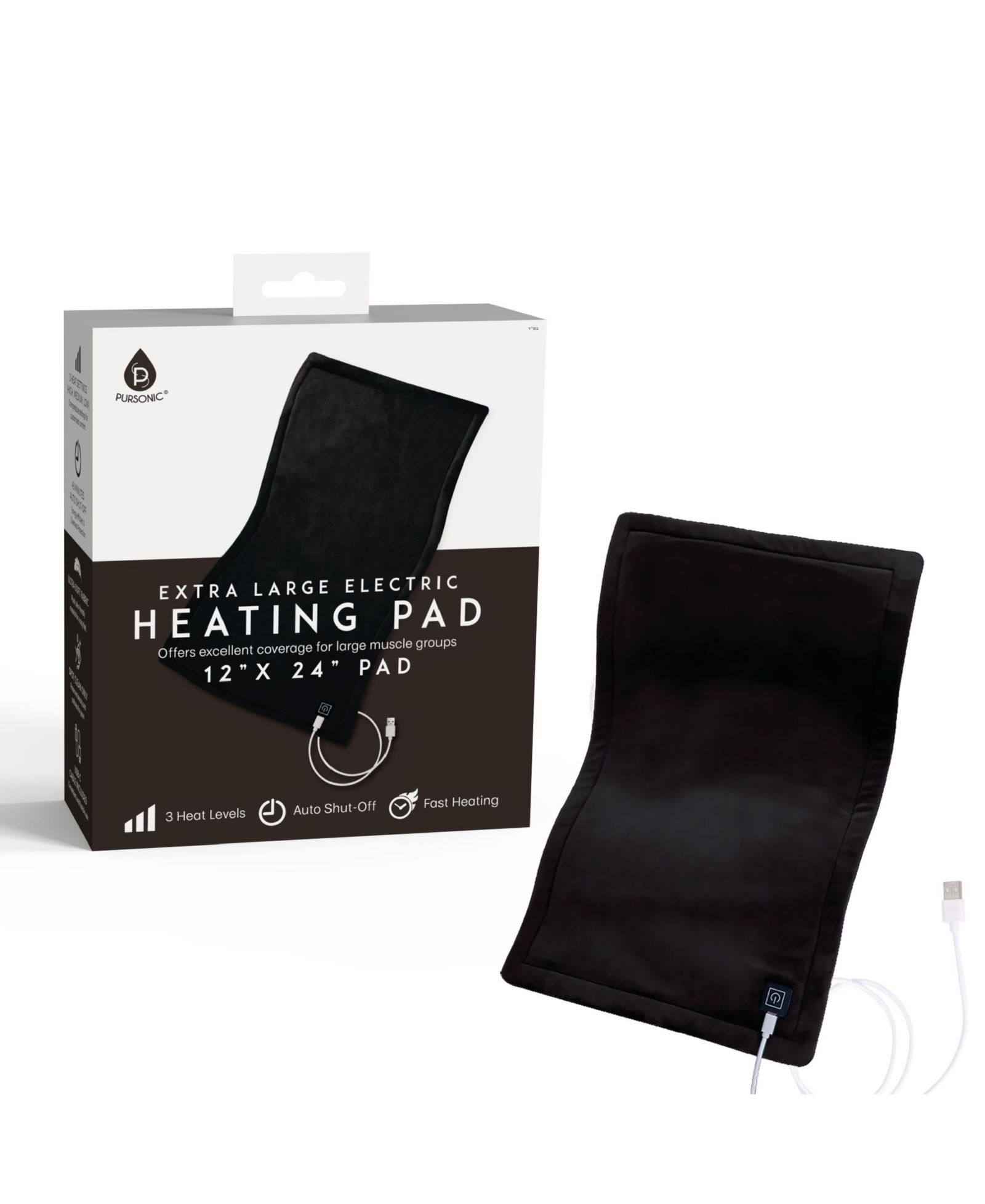 Pursonic Large Electric Heating Pad with USB-C – 12"x24", Ultra Soft Fabric, 3 Heat Settings, Auto Shut-Off