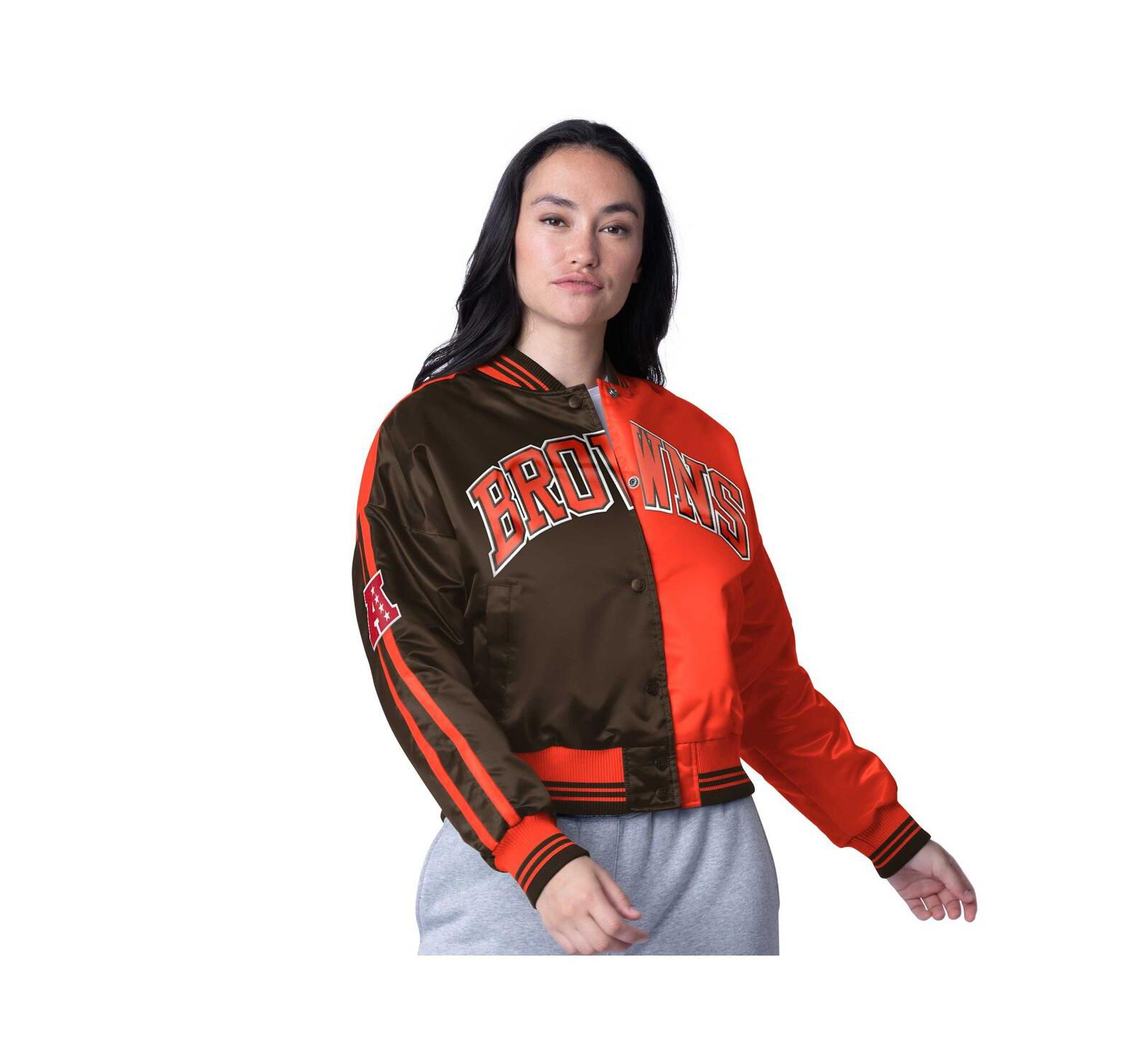 Starter Women's Brown/Orange Cleveland Browns Zone Blitz Cropped Full-Snap Satin Jacket