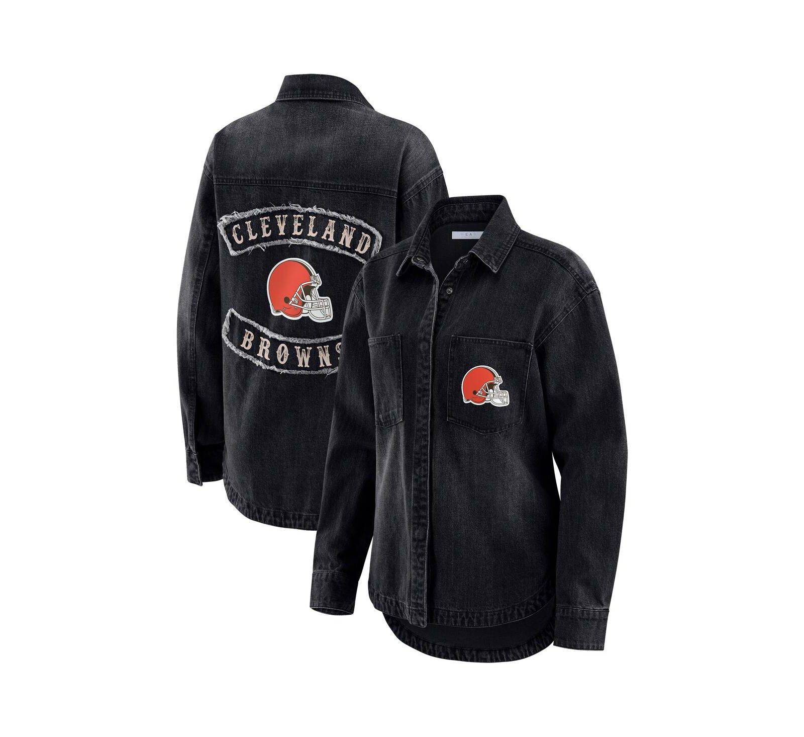 Шакет WEAR by Erin Andrews Women's Black Cleveland Browns Washed Oversized Denim Full-Snap