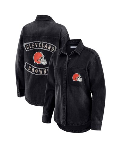 Шакет WEAR by Erin Andrews Women's Black Cleveland Browns Washed Oversized Denim Full-Snap