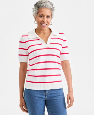 Style & Co Petite Striped Cotton Elbow-Sleeve Johnny Collar Sweater, Macy's Exclusive