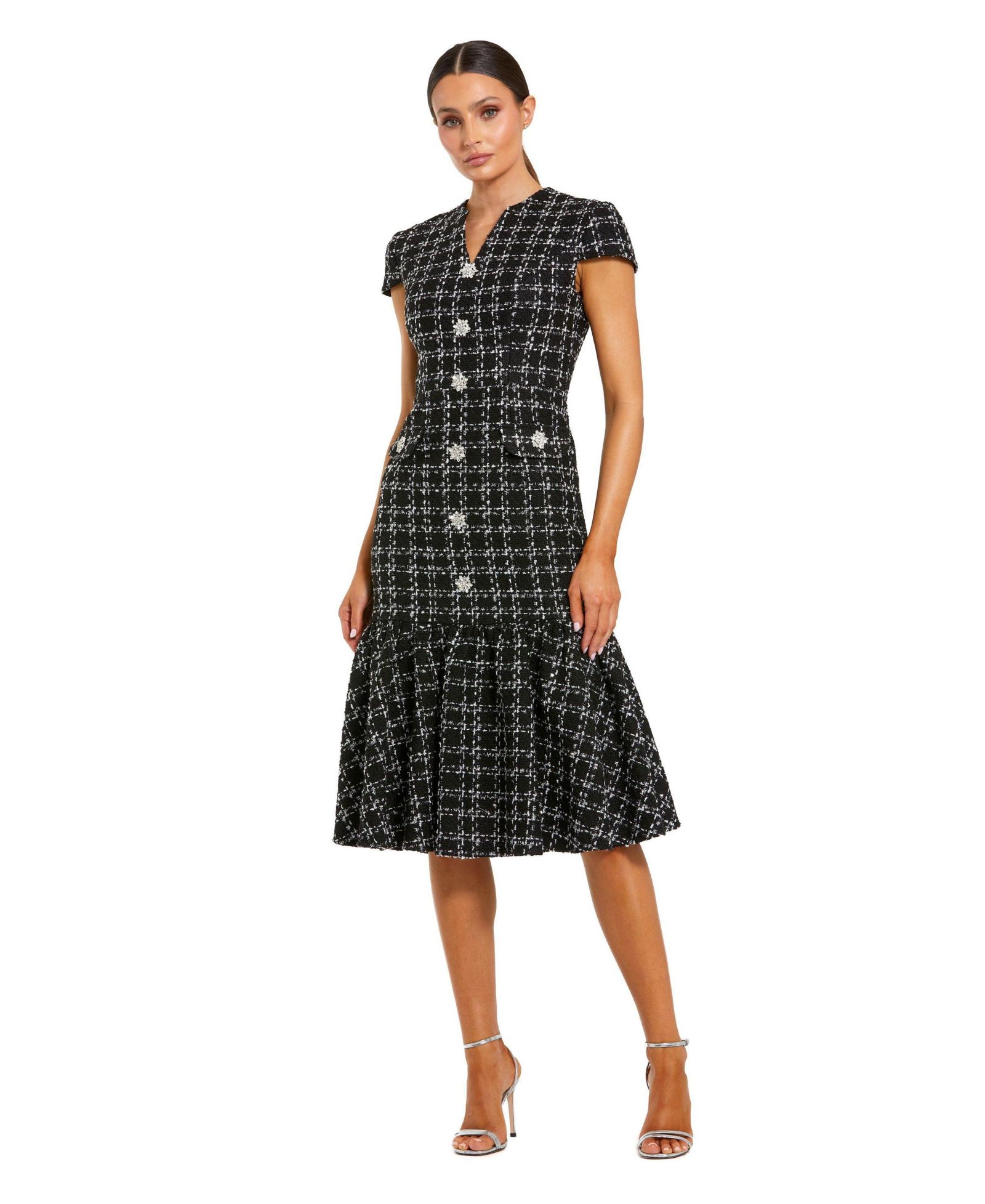 Mac Duggal Women's Button Up Cap Sleeve Boucle A Line Midi Dress