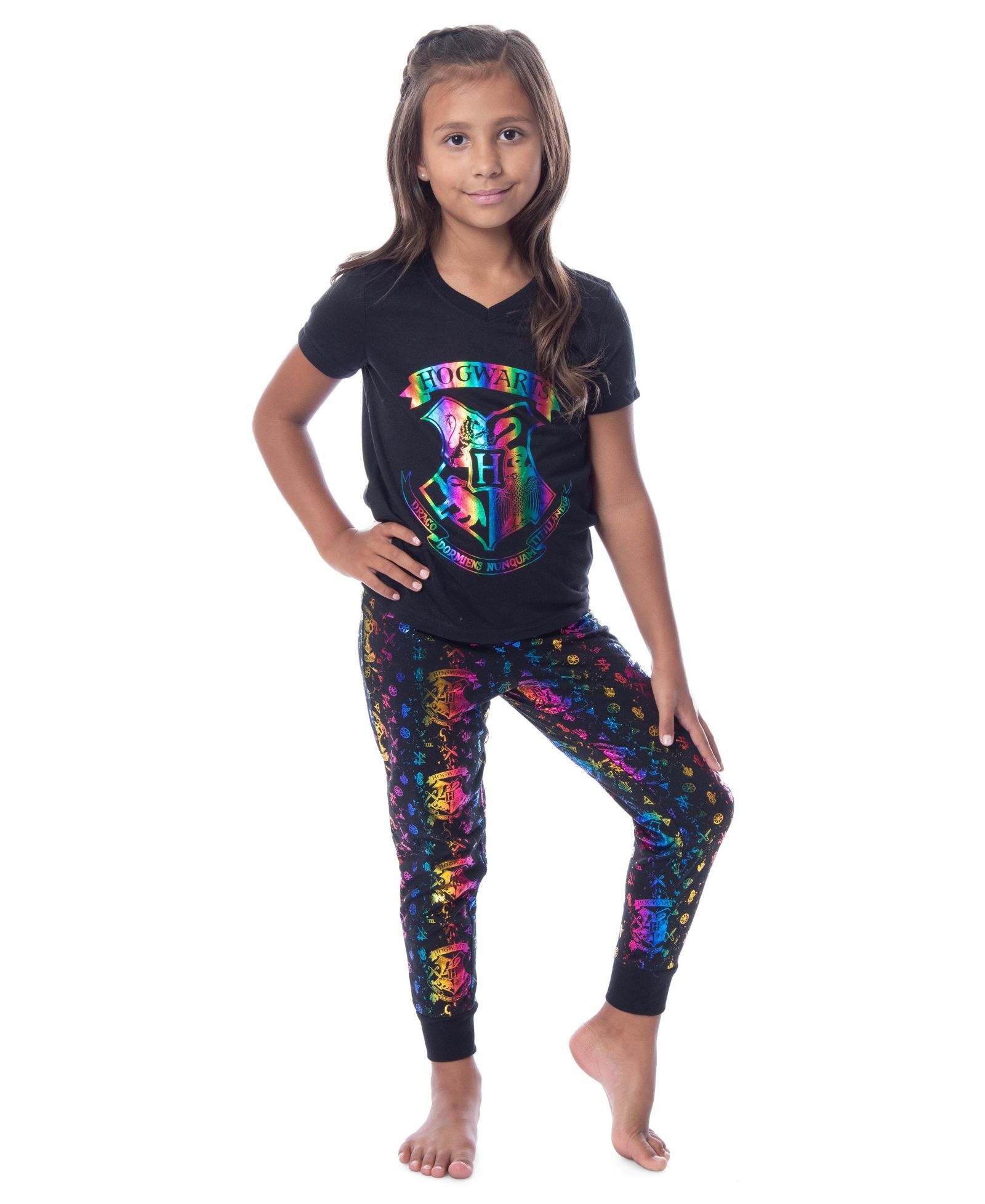 Harry Potter Girls' Kids Rainbow Foil Hogwarts Crest 2PC Lounge Pajama Jogger Pant Set Sleepwear