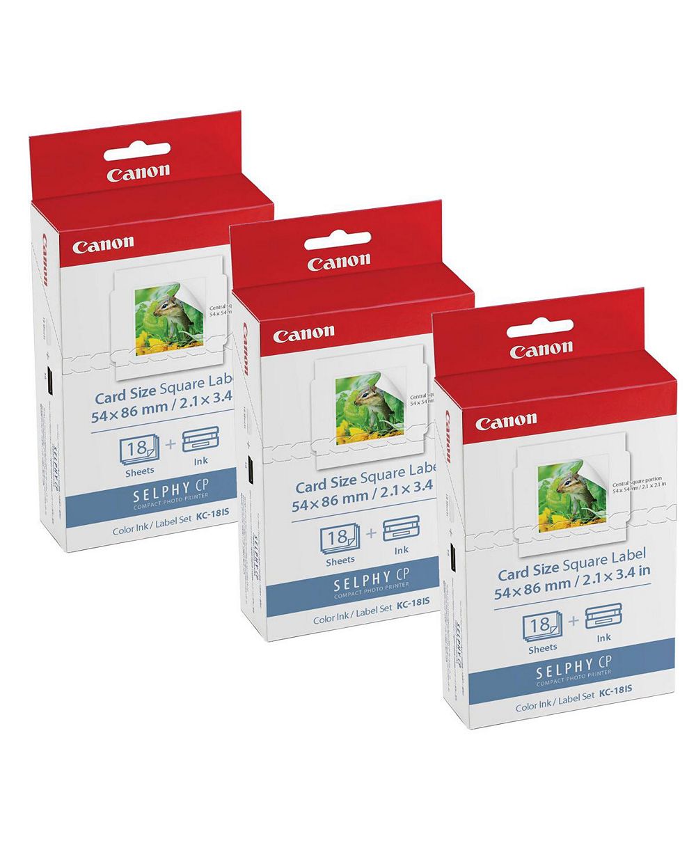 Canon, KC-18IS Card Size Square Label Ink and Paper Set, 18 Sheets, 3-Pack, for SELPHY CP900/CP910 Photo Printer