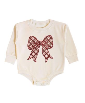 Sweet Wink Baby Girls Christmas Plaid Bow Patch Long Sleeve Romper