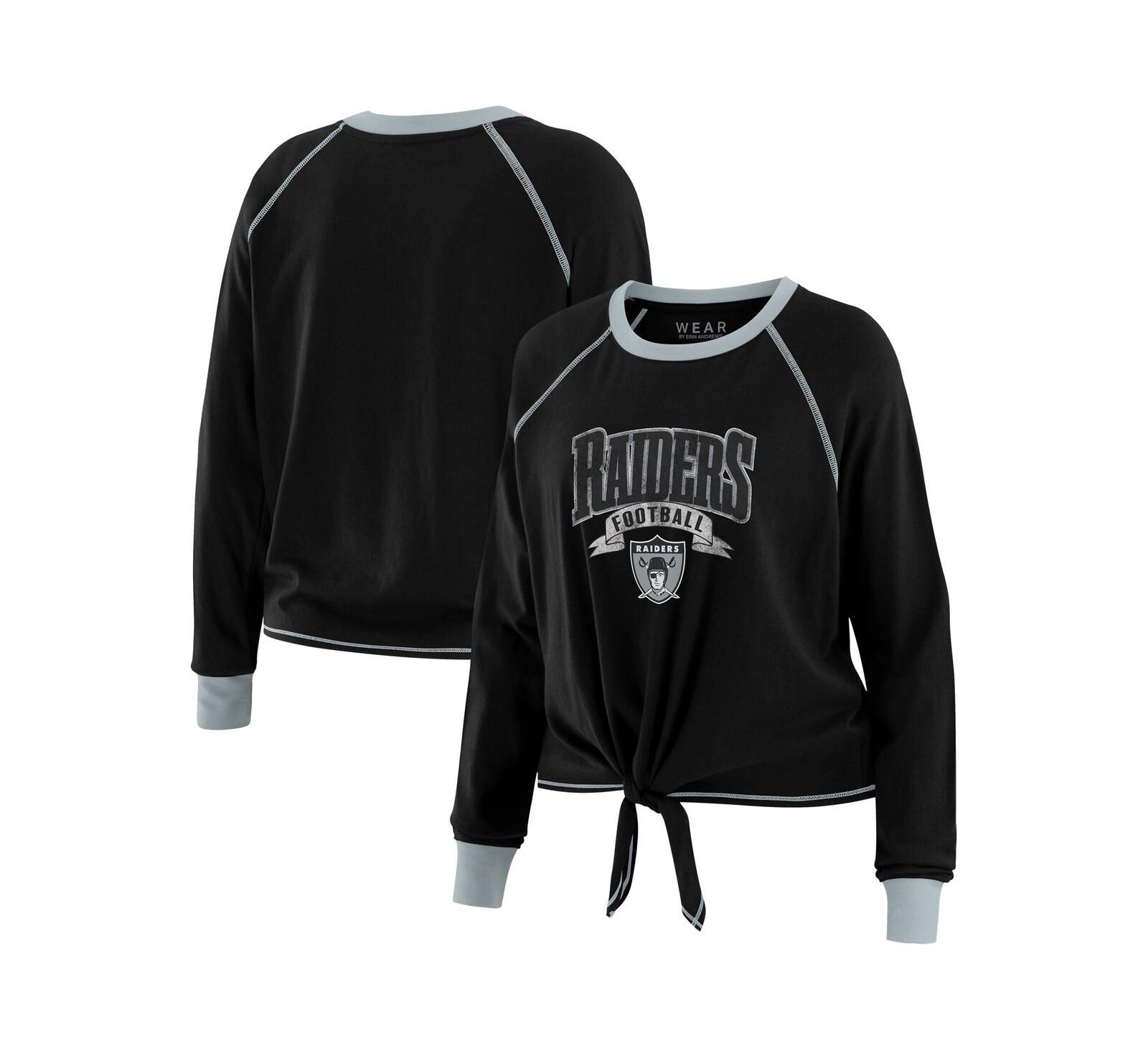 Женский топ WEAR by Erin Andrews Black/Gray Las Vegas Raiders Plus Size Tie-Front Long Sleeve