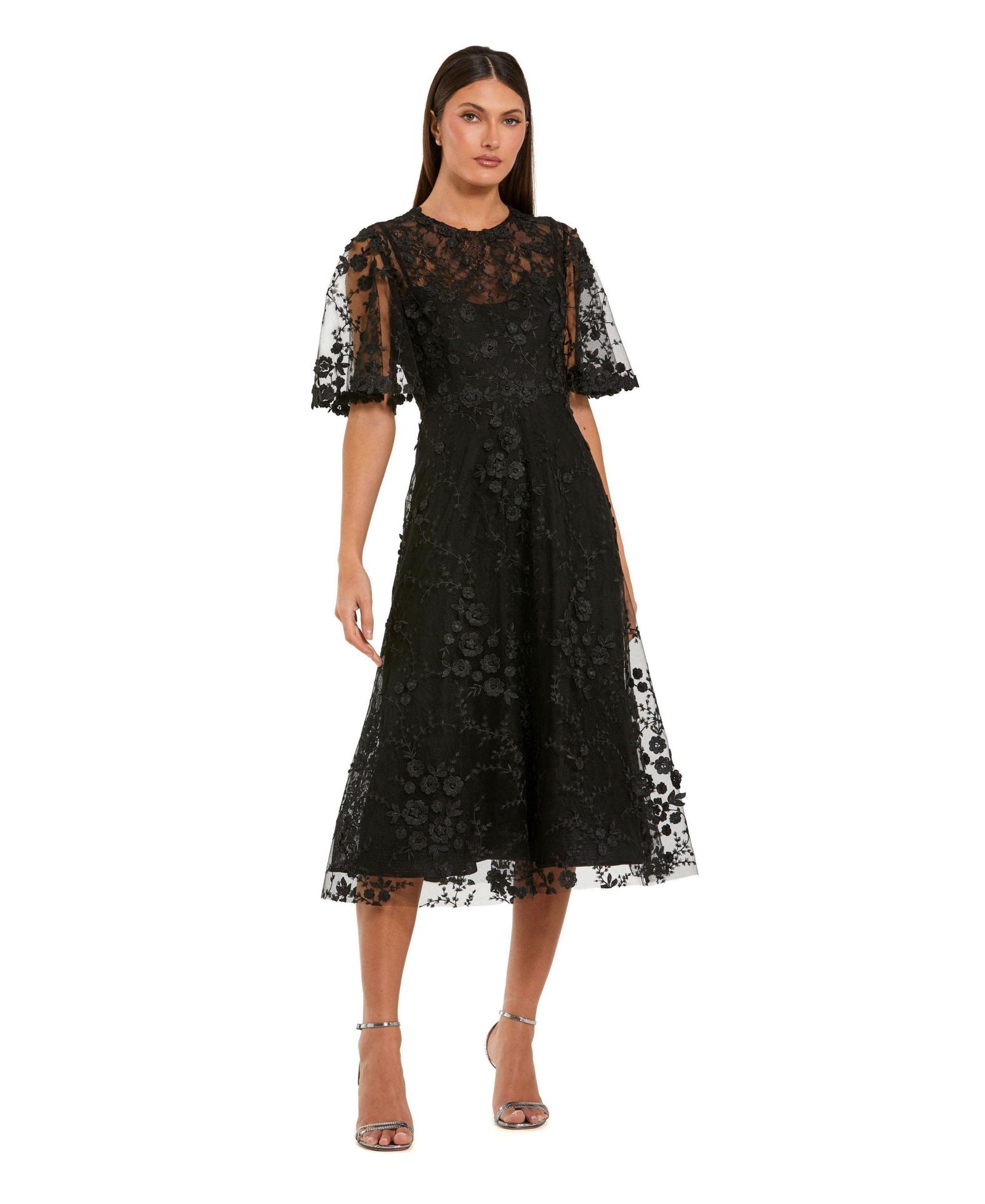 Женское платье Mac Duggal Flutter Sleeve Embroidered Midi