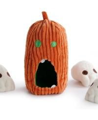 Nocciola 4 Packs Dog Toys, Spooky Pumpkin Burrow with 3 Squeaky Skulls,Hide and Seek Dog Toys