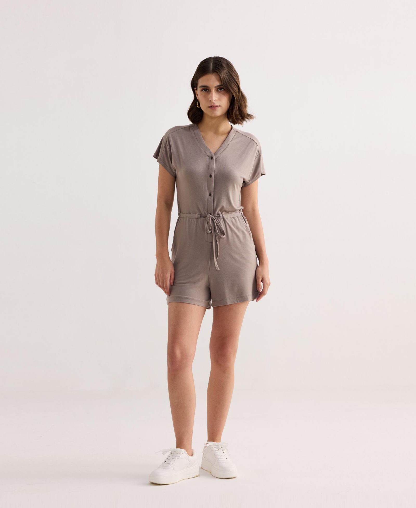 Reistor Women's V neck Drawstring Knit Romper in Dusty brown