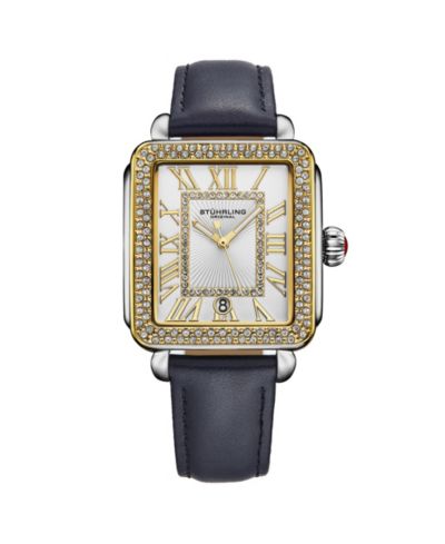 Женские прямоугольные часы Stuhrling, модель 4060L.4, золотой безель, синий кожаный ремешок