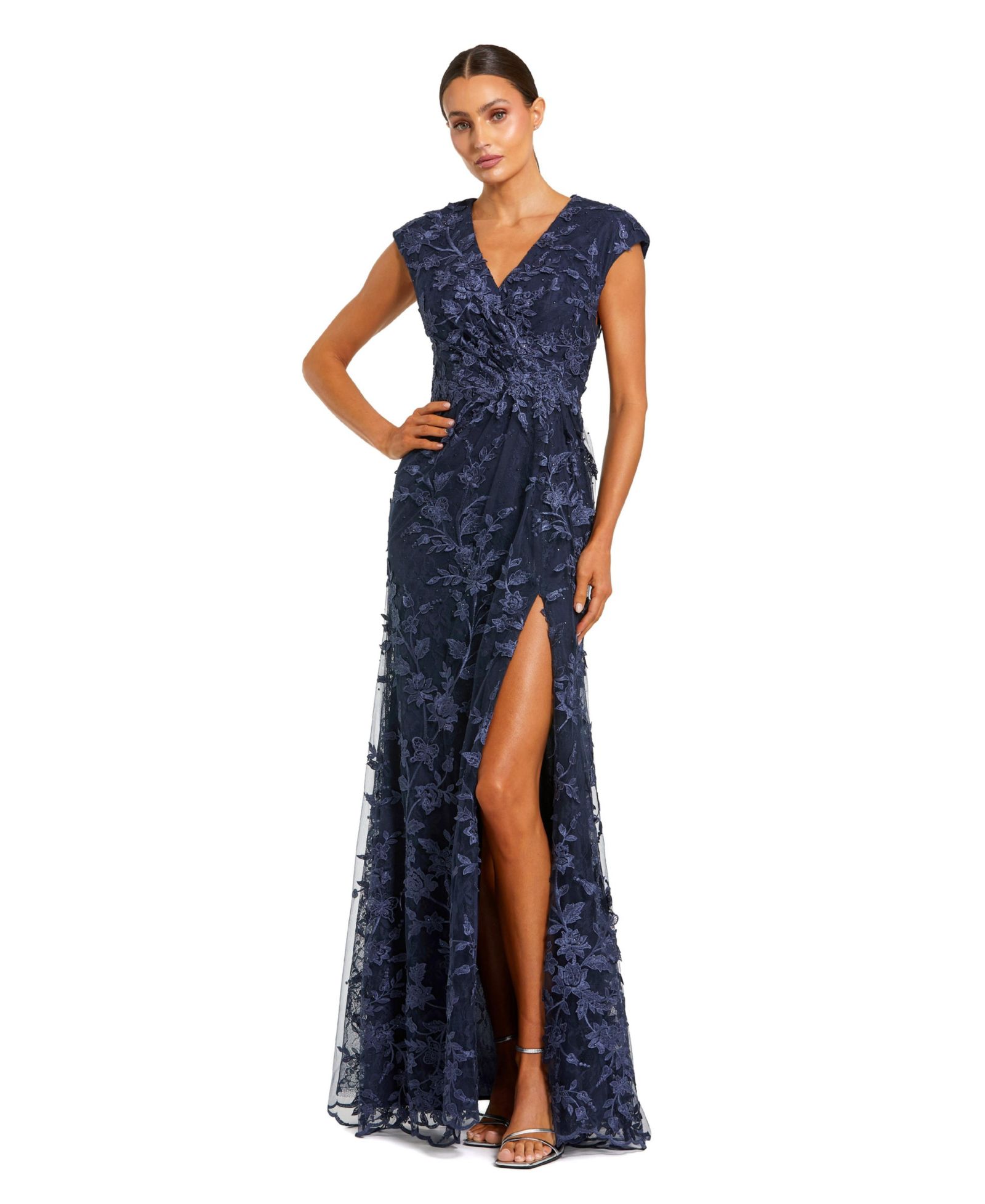 Женское вечернее платье Mac Duggal Faux Wrap Embroidered Cap Sleeve