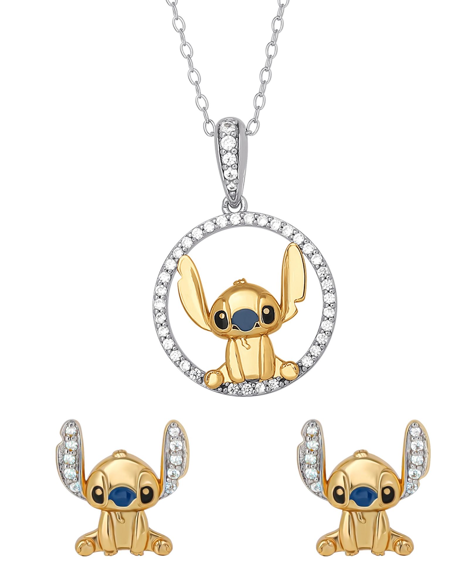 Disney Набор из 2 предметов: ожерелье и серьги Stitch с кубическим цирконием в 18k желтом золоте поверх стерлингового серебра