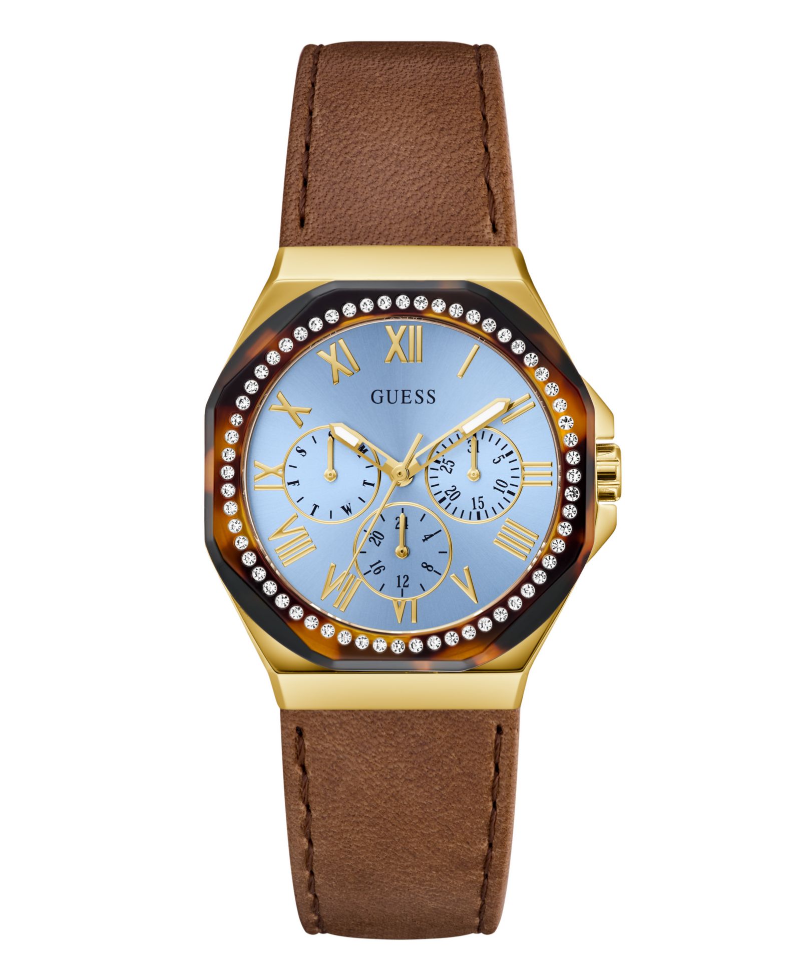 GUESS Женские Gold-Tone Brown Leather Multi-Function Watch, 36mm