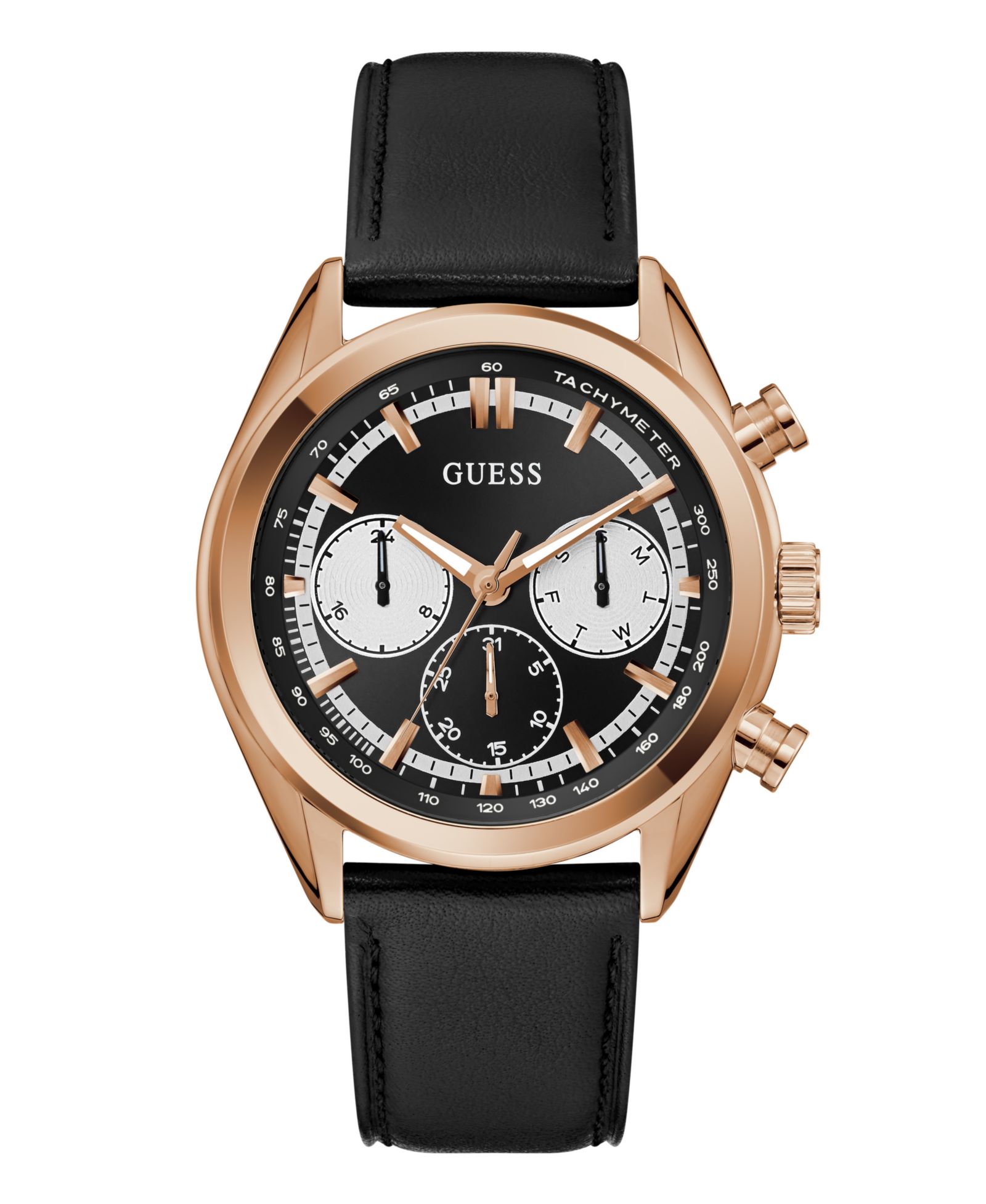 GUESS Men's Rose Gold-Tone Black Leather Multi-Function Watch, 44mm