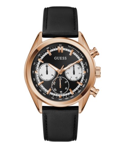 Мужские многофункциональные часы GUESS Rose Gold-Tone с черным кожаным ремешком, 44mm