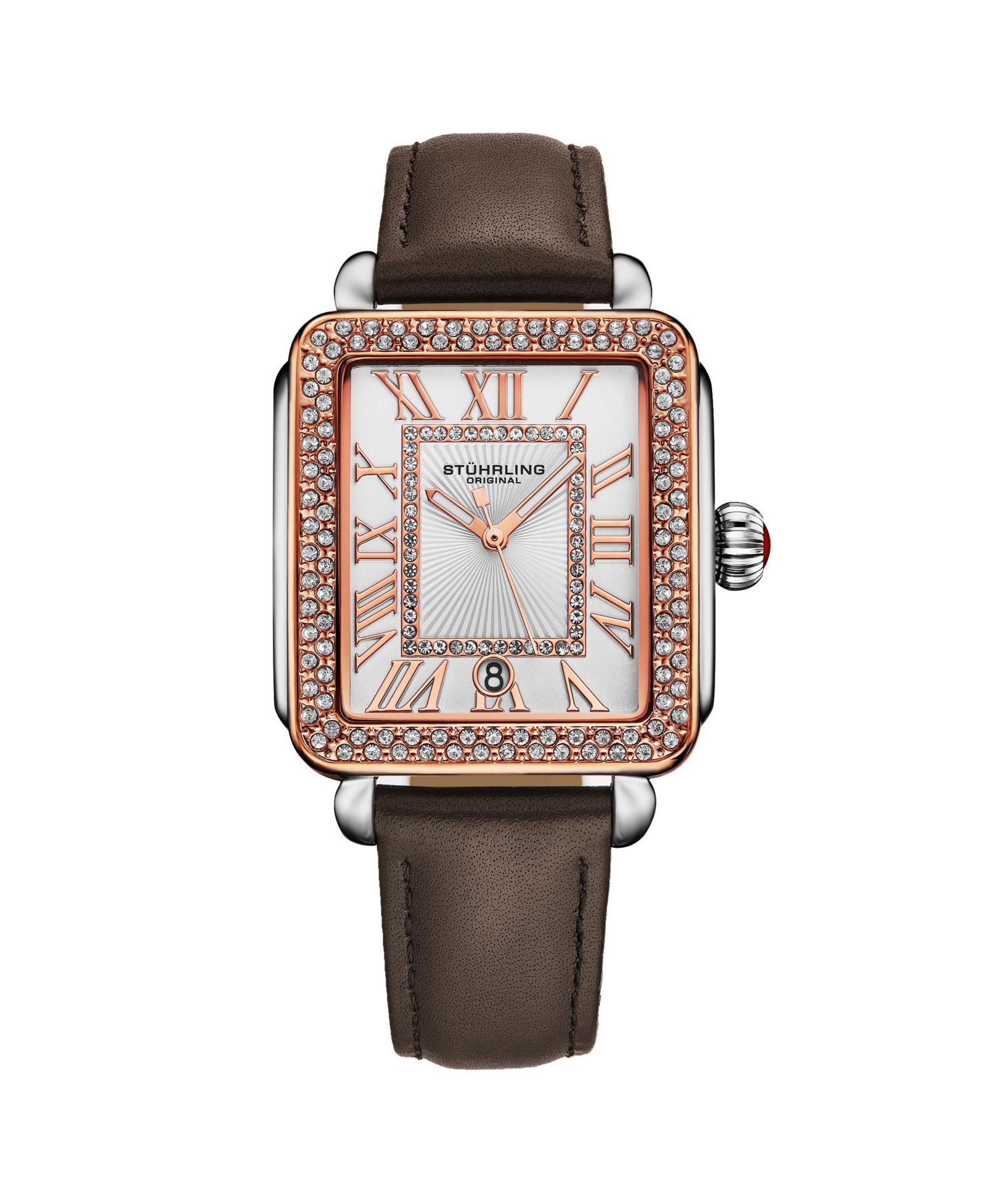 Elegant Women s Rectangular 35x47mm Dress Watch - Model 4060L.5, Rose Gold Crystal Bezel, Silver Case, Brown Leather Strap