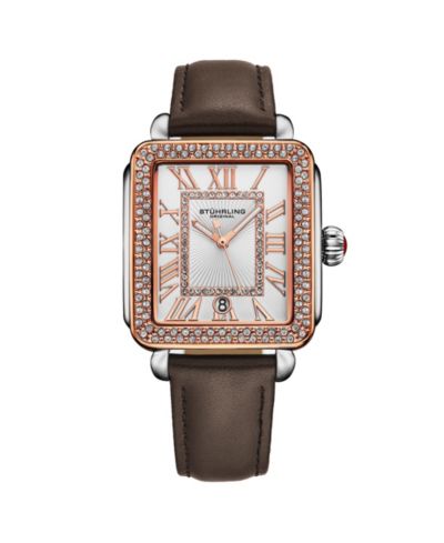 Женские прямоугольные часы Stuhrling Elegant 35×47mm Model 4060L.5, Rose Gold Crystal Bezel, Silver Case, Brown Leather Strap