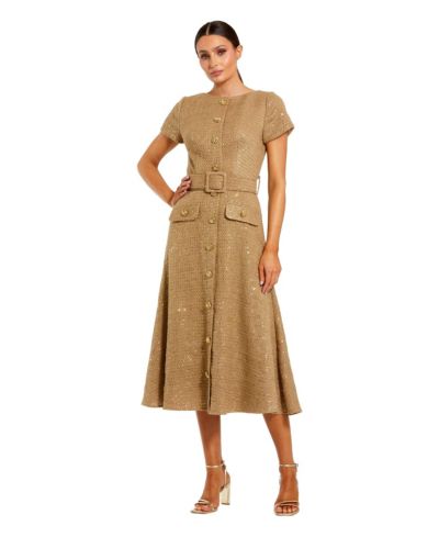 Women's Boucle Cap Sleeve High Neck Button Up Midi Dress
