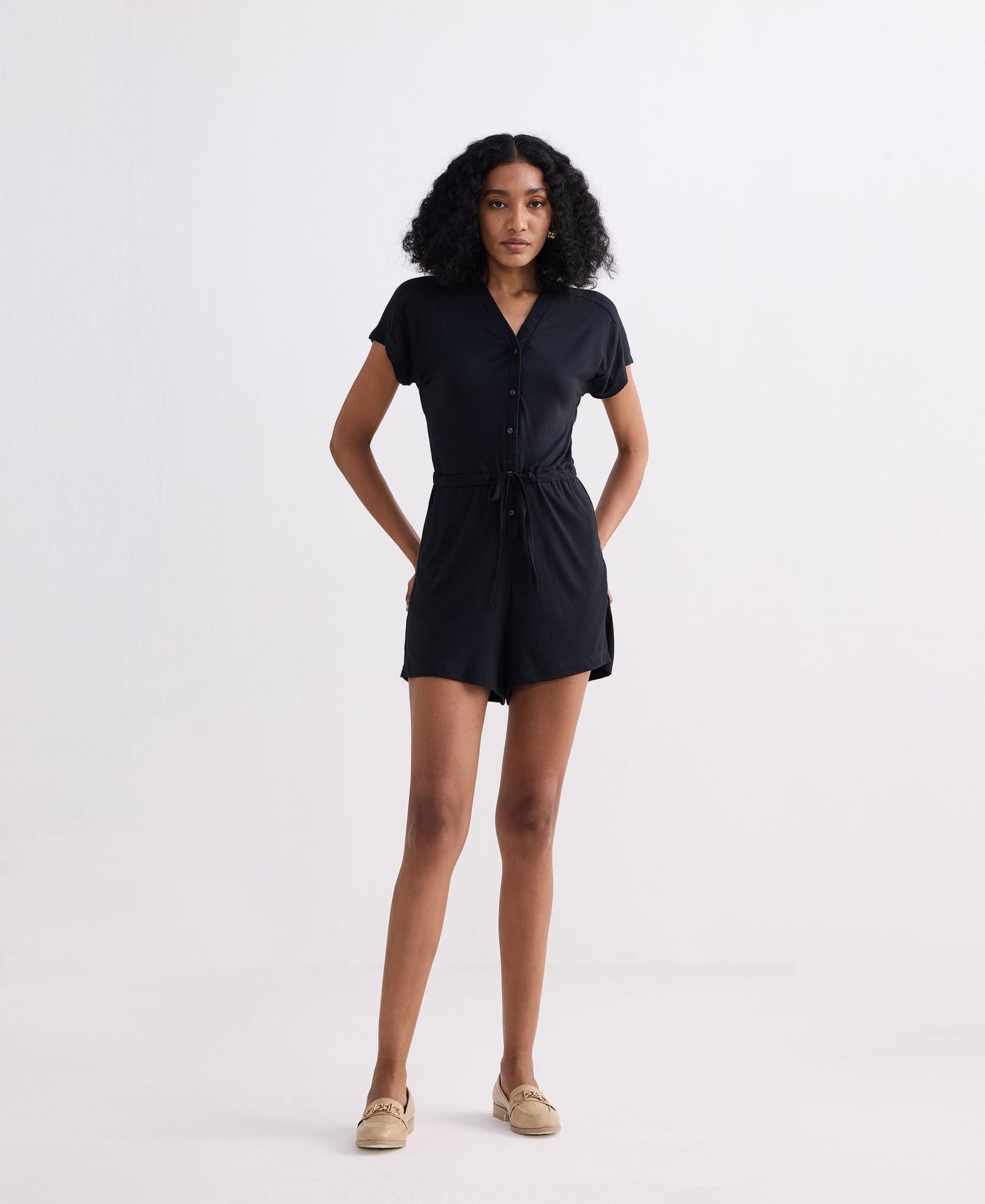 Reistor Women's V neck Drawstring Knit Romper in Black