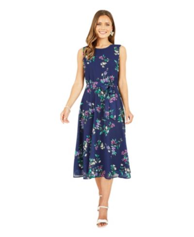Yumi Women's Sleeveless Tie Waist Printed Midi Dress