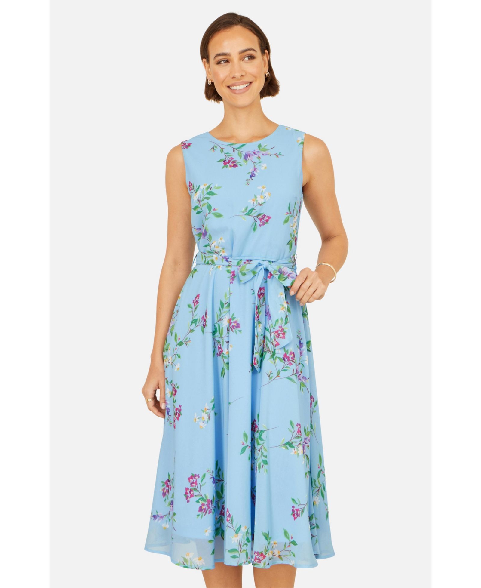 Yumi Women's Sleeveless Tie Waist Printed Midi Dress